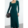Moda Stil Slim Kare Yaka Maxi Boy Volanlı Fitted Vücuda Oturan Esnek Örme Elbise