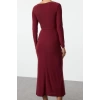 Moda Stil Slim Kare Yaka Maxi Boy Volanlı Fitted Vücuda Oturan Esnek Örme Elbise