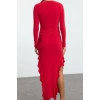 Fashion Style Regular Crew Neck Midi Length Skirt Flounce Boat Rock Flexible Knitted Dress