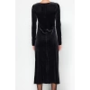 Moda Stil Slim Kayık Yaka Midi Boy Kadife Büzgülü Fitted Vücuda Oturan Esnek Örme Elbise