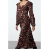 Moda Stil Regular Kare Yaka Midi Boy Çiçekli A Kesim Fırfırlı %100 Viskon Dokuma Elbise