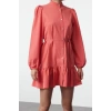 Moda Stil Regular Hakim Yaka Mini Boy Gül Kurusu Kuşaklı Düz Kuşaklı Uzun Kollu Dokuma Elbise