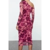 Moda Stil Slim Asimetrik Yaka Midi Boy Soyut Astarlı Örme Elbise