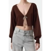 Stil Modern Kadın Crop Düşük Kol V Yaka Süper Basic Fiyonklu Triko Hırka
