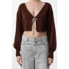 Stil Modern Kadın Crop Düşük Kol V Yaka Süper Basic Fiyonklu Triko Hırka