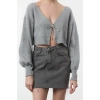 Stil Modern Kadın Crop Düşük Kol V Yaka Süper Basic Fiyonklu Triko Hırka