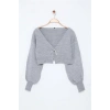 Stil Modern Kadın Crop Düşük Kol V Yaka Süper Basic Fiyonklu Triko Hırka