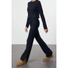 Tarz Kadın Modern Moda Normal Bel Boru Paça Bisiklet Yaka Crop Kazak-Pantolon Triko Alt-Üst Takım
