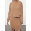 Style Women Modern Fashion Normal Waist Straight Leg Stand Collar Furry Soft Textured Knitwear Top-Bottom Set