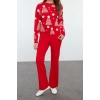 Style Women Modern Fashion Normal Waist Straight Leg Crew Neck Christmas Themed Knitwear Top-Bottom Set