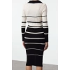 Moda Stil Slim Polo Yaka Midi Boy Triko Renk Bloklu Çizgili Elbise