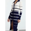 Moda Stil Slim Polo Yaka Midi Boy Triko Renk Bloklu Çizgili Elbise