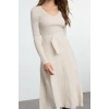 Fashion Style Regular V Neck Midi Length Knitwear Belted Flounce Dress