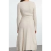 Fashion Style Regular V Neck Midi Length Knitwear Belted Flounce Dress