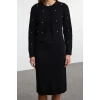 Fashion Style Slim Crew Neck Midi Length Knitwear Stone Embroidered Cardigan-Dress Set