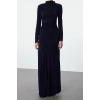 Moda Stil Slim Dik Yaka Maxi Boy Fitted Vücuda Oturan Uzun Kollu Esnek Örme Elbise