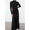 Moda Stil Slim Dik Yaka Maxi Boy Fitted Vücuda Oturan Uzun Kollu Esnek Örme Elbise