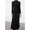Moda Stil Slim Dik Yaka Maxi Boy Fitted Vücuda Oturan Uzun Kollu Esnek Örme Elbise