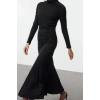 Moda Stil Slim Dik Yaka Maxi Boy Fitted Vücuda Oturan Uzun Kollu Esnek Örme Elbise