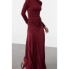 Moda Stil Slim Dik Yaka Maxi Boy Fitted Vücuda Oturan Uzun Kollu Esnek Örme Elbise