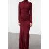 Moda Stil Slim Dik Yaka Maxi Boy Fitted Vücuda Oturan Uzun Kollu Esnek Örme Elbise