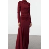 Moda Stil Slim Dik Yaka Maxi Boy Fitted Vücuda Oturan Uzun Kollu Esnek Örme Elbise