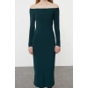 Fashion Style Slim Carmen Collar Maxi Length Plain Bodycone Fitted Flexible Knitted Dress