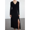 Moda Stil Fitted V Yaka Maxi Boy Düz Eteği Volanlı Skater Belden Açılan Esnek Örme Elbise