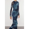Moda Stil Slim Dik Yaka Maxi Boy Soyut Bodycone Büzgü Drape Örme Elbise