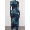 Moda Stil Slim Dik Yaka Maxi Boy Soyut Bodycone Büzgü Drape Örme Elbise