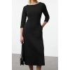 Fashion Style Regular Crew Neck Midi Length Waist Open Fabric Mixed Woven Dress