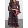Moda Stil Regular Bisiklet Yaka Midi Boy Çiçekli Eteği Belden Açılan Astarlı Dokuma Kışlık Elbise