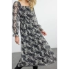 Moda Stil Regular Kare Yaka Maxi Boy Çiçek Desenli Skater Belden Açılan Dokuma Şifon Astarlı Elbise