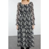Moda Stil Regular Kare Yaka Maxi Boy Çiçek Desenli Skater Belden Açılan Dokuma Şifon Astarlı Elbise