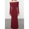 Moda Stil Slim Carmen Yaka Maxi Boy Renk Bloklu Fitted Vücuda Oturan Esnek Örme Elbise