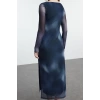 Fashion Style Slim Boat Neck Maxi Length Abstract Patterned Fitted Bodycon Tulle Stretchy Knit Dress