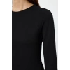 Moda Slim Bisiklet Yaka Mini Boy Düz Büzgü Drape Detaylı Bodycone Vücuda Oturan Esnek Örme Elbise