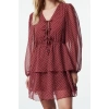 Moda Regular V Neck Mini Length Patterned Skirt Opening from Waist with Bow Collar Detail Chiffon Woven Dress