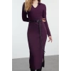 Moda Stil Fitted V Yaka Midi Boy Düz Polo Yaka Bodycone Vücuda Oturan Örme Elbise