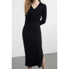 Moda Stil Fitted V Yaka Midi Boy Düz Polo Yaka Bodycone Vücuda Oturan Örme Elbise