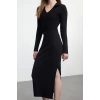 Moda Stil Fitted V Yaka Midi Boy Düz Polo Yaka Bodycone Vücuda Oturan Örme Elbise