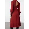 Moda Stil Regular Dik Yaka Midi Boy Belden Açılan Puantiyeli Dokuma Elbise