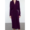 Moda Stil Fitted V Yaka Midi Boy Yaka Açıklığı Ayarlanabilir Eteği Büzgülü Dokuma Elbise