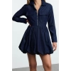 Moda Stil Denim Gömlek Yaka Mini Boy Cep Detaylı Balon Etekli Gömlek Elbise