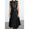 Fashion Style Regular Crew Neck Midi Length A Cut Sleeveless Faux Leather Woven Dress