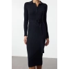 Fashion Style Regular Polo Collar Midi Length Belted Knit Dress