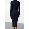 Fashion Style Regular Polo Collar Midi Length Belted Knit Dress