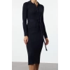 Fashion Style Regular Polo Collar Midi Length Belted Knit Dress