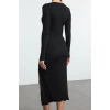 Moda Stil Slim Kayık Yaka Midi Boy Düz Yırtmaçlı Fitted Vücuda Oturan Yırtmaçlı Örme Elbise