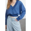 Tarz Relaxed V Yaka Düşük Kol Crop Rahat Kalıp V Yaka Kalın Örme Sweatshirt